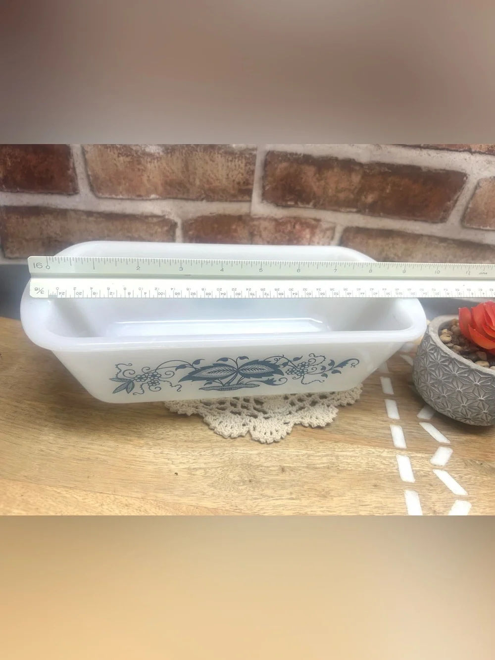 VINTAGE • Glasbake 1.5 Qt Milkglass Bread Baking Retro Blue Onion Glass Loaf Pan